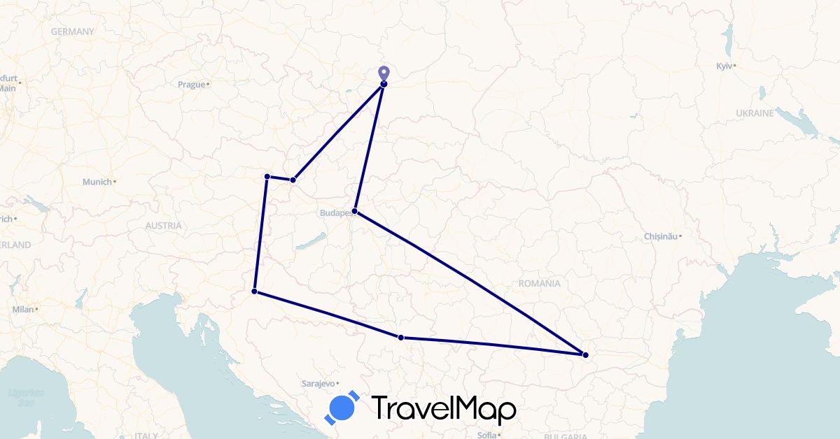TravelMap itinerary: driving in Austria, Croatia, Hungary, Poland, Romania, Serbia, Slovakia (Europe)